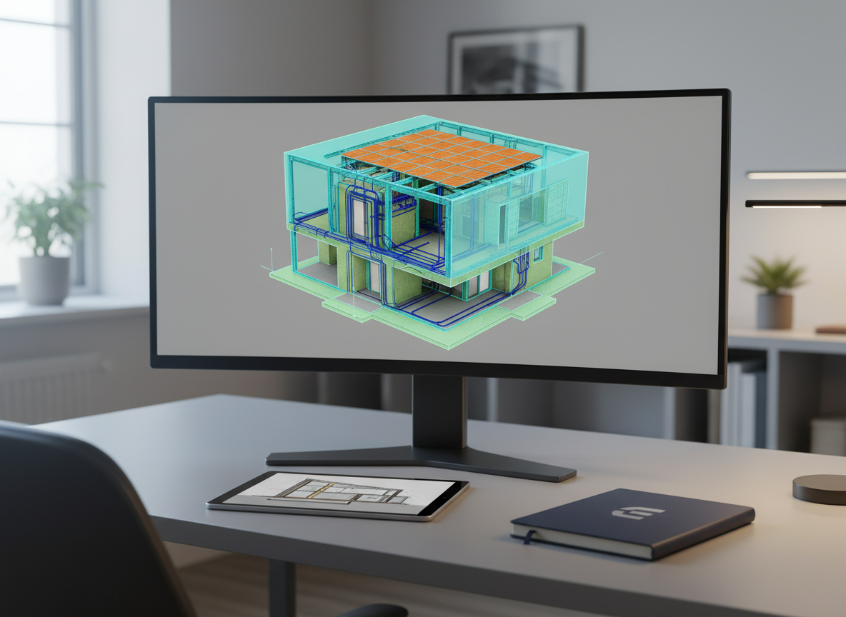 A sleek computer workstation showcasing a high-resolution 3D rendering of a contemporary energy-efficient house on a large monitor. The screen displays transparent layers revealing structural elements, thermal envelope, electrical routing, and rooftop photovoltaic arrays, each in distinct, refined colors. On the matte gray desk surface lie a digital tablet with an open technical section detail and a closed, dark-blue notebook embossed subtly with a minimalist logo. The environment is a clean, uncluttered office corner with neutral walls and a hint of shelving blurred in the background. Soft, cool daylight from a side window mixes with understated warm desk-lamp light, creating a balanced, professional atmosphere. Photographic realism, shot at eye level with the monitor framed by rule of thirds, suggests precision, innovation, and integrated design expertise.