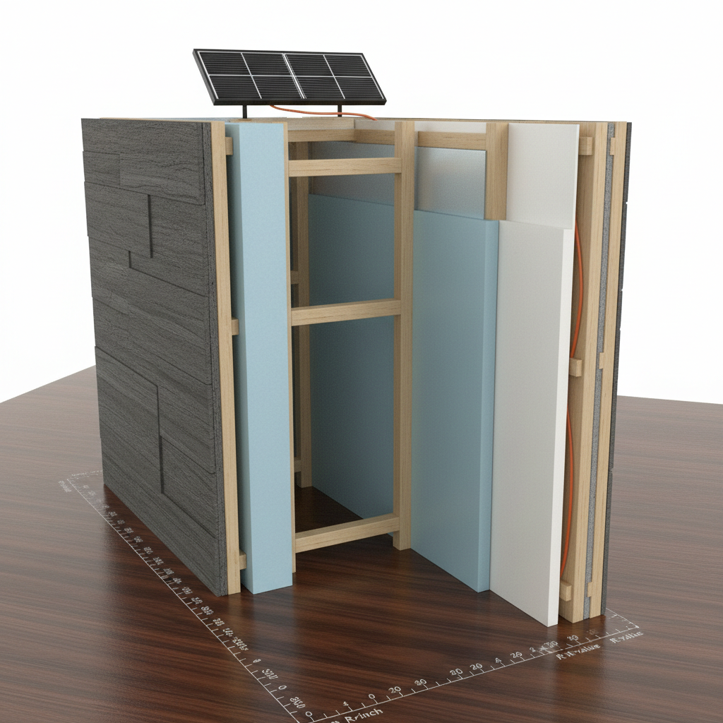 A cross-section physical model of a sustainable building wall assembly, cut open to reveal layers: exterior cladding, ventilated air gap, continuous insulation, structural frame, vapor barrier, interior finish, and embedded electrical conduits. On top of the model, a miniature strip of photovoltaic cells hints at the connection to the roof system. The model rests on a dark, finely grained wooden surface with subtle measurement markings etched along one edge. Bright, even studio lighting from above and slightly behind creates crisp, legible shadows that clarify each layer’s depth and material texture. Captured in photographic realism with a slightly angled close-up composition, the mood is technical yet elegant, emphasizing integrated thermal and electrical engineering in service of durable, efficient architecture.