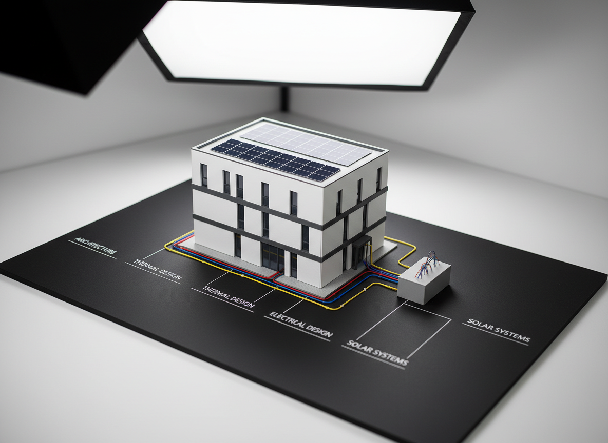 A modern, compact building model with crisp white volumes and dark gray accents, its roof neatly covered with miniature photovoltaic panels arranged in precise rows. Around the base, color-coded conduits and slender pipes represent thermal and electrical systems converging into a single, organized technical core. The model sits on a matte black presentation board labeled with small, clean typographic tags for architecture, thermal design, electrical design, and solar systems. Illuminated by diffused studio lighting from above and one side, the scene feels calm, controlled, and analytical. Photographic realism with a centered composition and shallow depth of field emphasizes the clarity and integration of all systems within a sustainable construction concept.