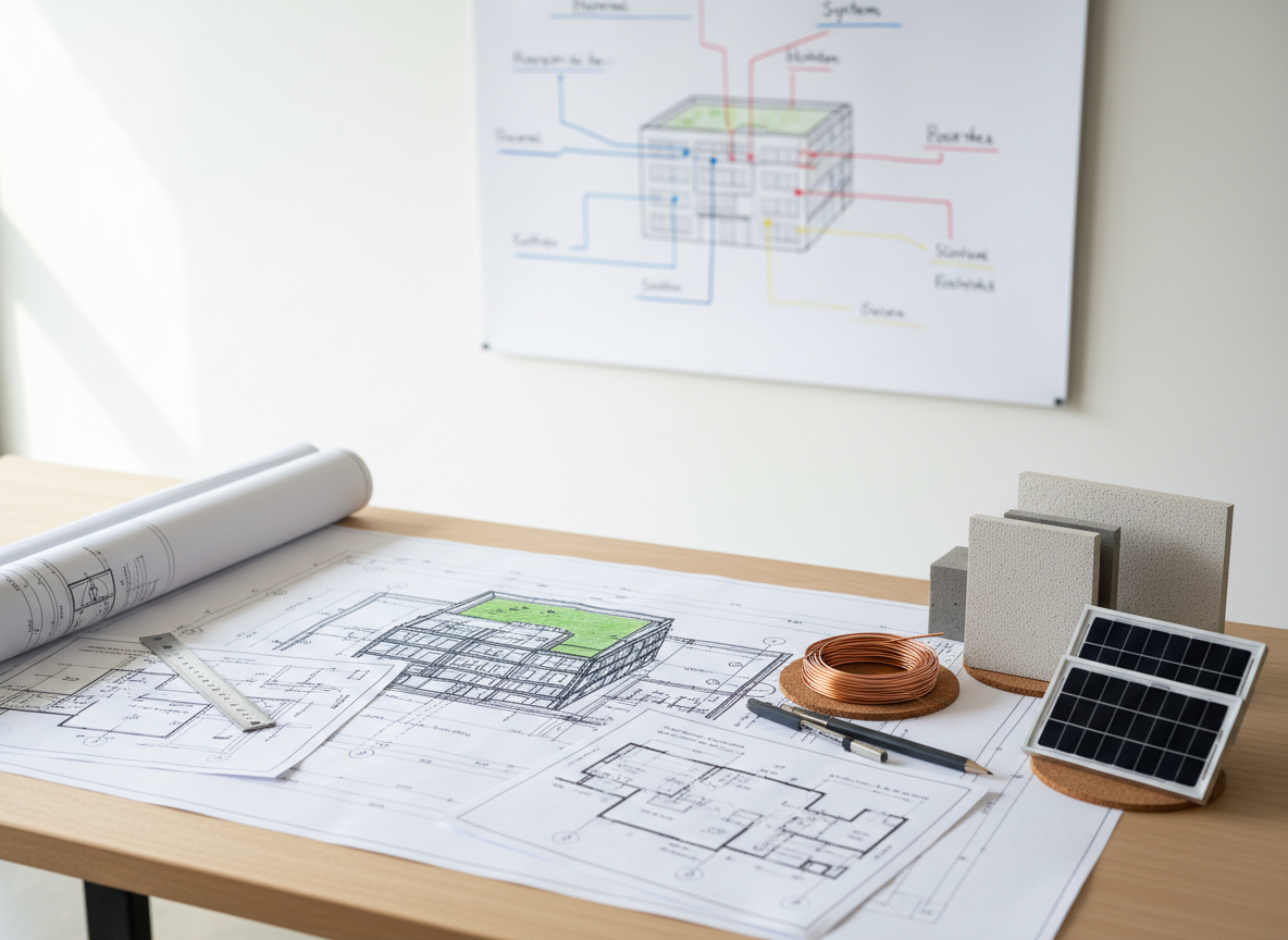 A meticulous architectural workspace table displaying a large, detailed building blueprint alongside layered technical engineering drawings. Beside them, neatly arranged samples of facade materials, insulation, copper wiring, and sleek photovoltaic panel segments rest on a smooth light-wood surface. In the background, a clean white wall supports a pinned systems diagram showing thermal, electrical, and solar integration lines converging into a single building scheme. Soft daylight from an unseen window washes across the table, creating gentle, precise shadows and subtle reflections on metallic elements. Photographic realism at eye-level, with a slightly elevated angle and shallow depth of field, highlights the harmony between architecture and engineering, communicating a professional, integrated, and sustainable design approach.