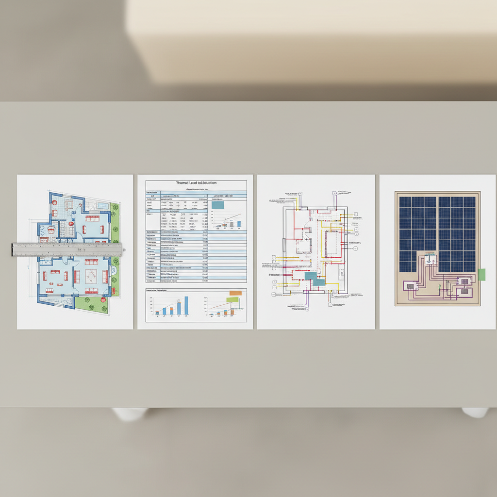 A carefully organized technical documentation set laid out on a broad, neutral-gray table: an architectural plan, a thermal load calculation sheet, an electrical single-line diagram, and a photovoltaic system layout, each printed on crisp white paper with precise linework and color-coding. A slim metal scale ruler aligns with the architectural plan, while small sticky tabs in muted blues and greens mark key coordination points between disciplines. The surrounding space is minimal, with only the soft presence of a light-colored wall in the blurred background. Overhead diffused lighting creates an even, shadow-free surface, enhancing legibility and calm. Photographic realism with a top-down, bird’s-eye composition showcases the harmony and professionalism of integrated design and technical consultancy for construction projects.