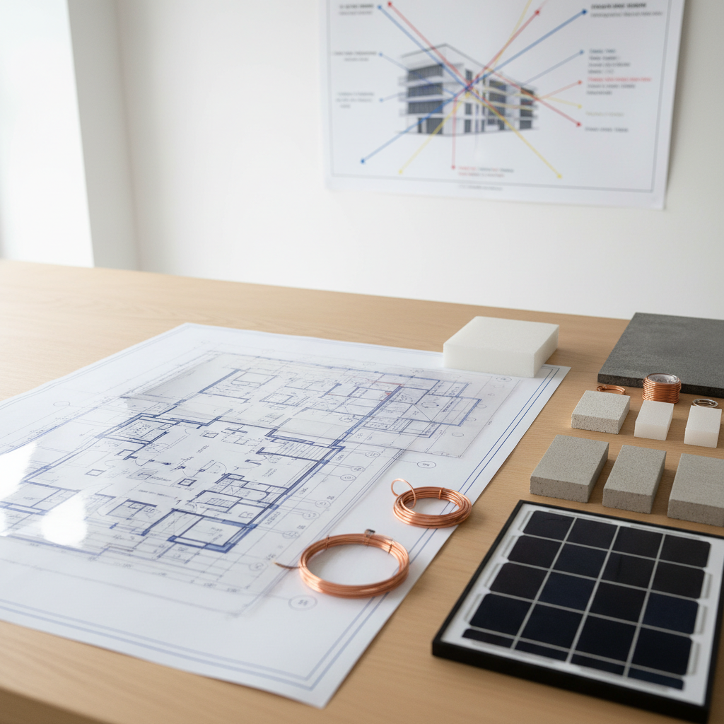 A meticulous architectural workspace table displaying a large, detailed building blueprint alongside layered technical engineering drawings. Beside them, neatly arranged samples of facade materials, insulation, copper wiring, and sleek photovoltaic panel segments rest on a smooth light-wood surface. In the background, a clean white wall supports a pinned systems diagram showing thermal, electrical, and solar integration lines converging into a single building scheme. Soft daylight from an unseen window washes across the table, creating gentle, precise shadows and subtle reflections on metallic elements. Photographic realism at eye-level, with a slightly elevated angle and shallow depth of field, highlights the harmony between architecture and engineering, communicating a professional, integrated, and sustainable design approach.
